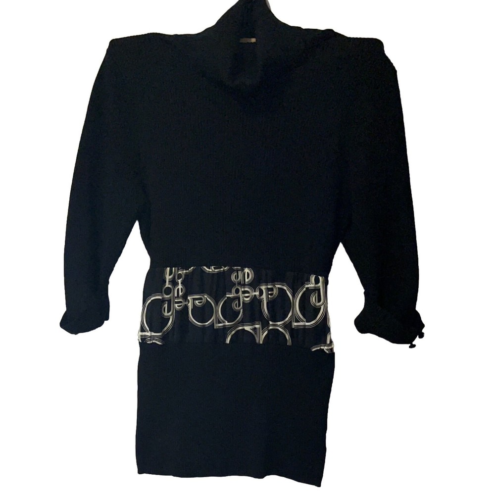 BeBe Y2K Women’s Black Turtleneck Sweater With Logo Silk Waist Tie SZ S